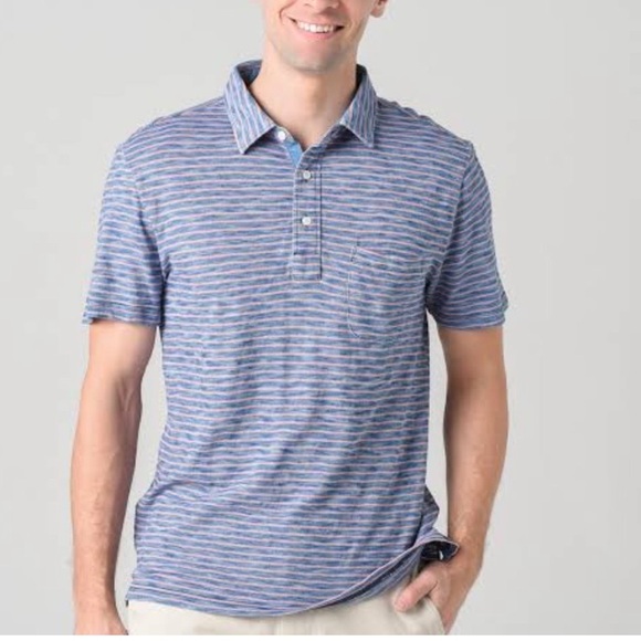 Faherty Other - Faherty Short Sleeve Indigo Polo‎ Shirt Baypoint Stripe Cotton Size Large